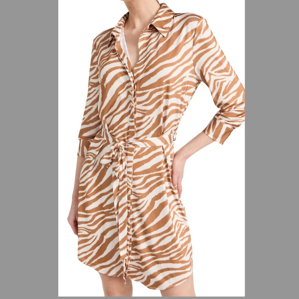 L'agence Addison Shirt Mini Dress Size S in Soft Tan/Ecru Zebra.